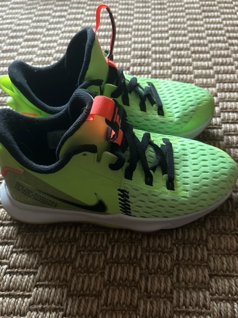 Nike LeBron Kids Neon Green and Black Athletic Sneakers with Orange Accents